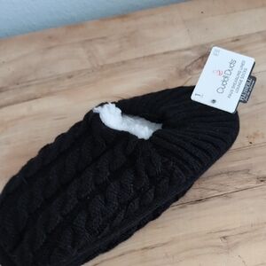 Cuddl Duds Black Cable Knit Slipper Socks with White Sherpa Lining